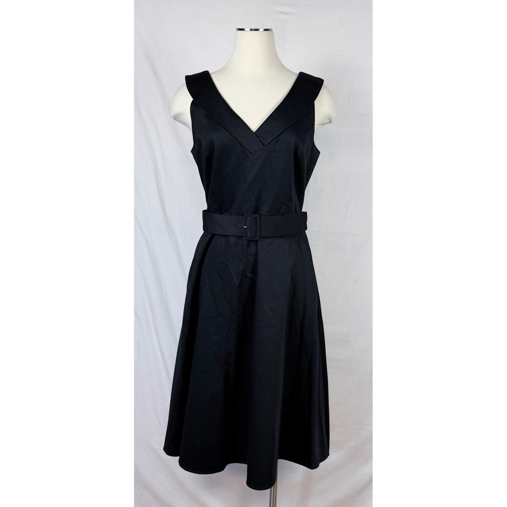 Ann Taylor Factory Fit and Flare Dress 8 Black Portrait Collar Belted Pockets